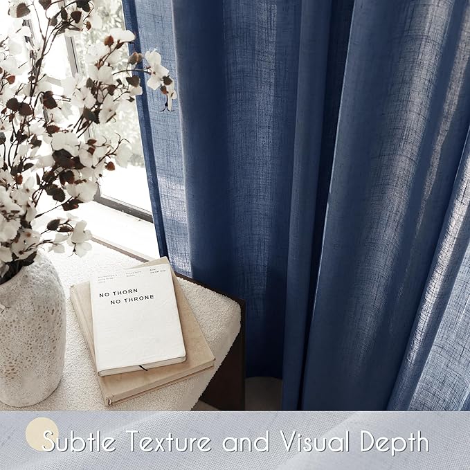 Navy Blue Curtains 108 inch Length for Bedroom Back Tab Light Filtering Semi Sheer Blue Living Room Curtains Linen Cotton Textured Indigo Blue Drapery Panel Modern Aesthetic Decor 42" Wx108" L