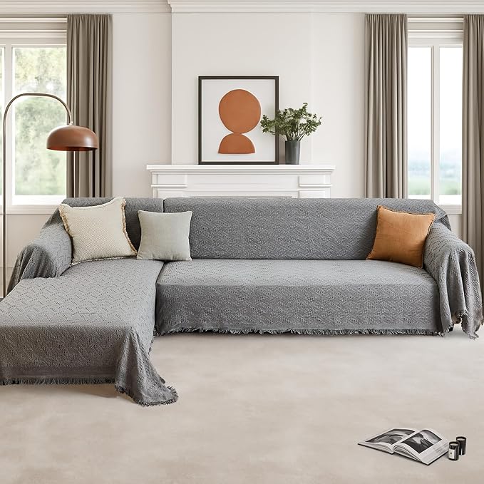 HOMERILLA Sectional Couch Covers for Sectional Sofa L Shaped Sofa Cover Blanket 2 Pieces L Shape Furniture Protector for Pets Dogs (Light Grey, Large)