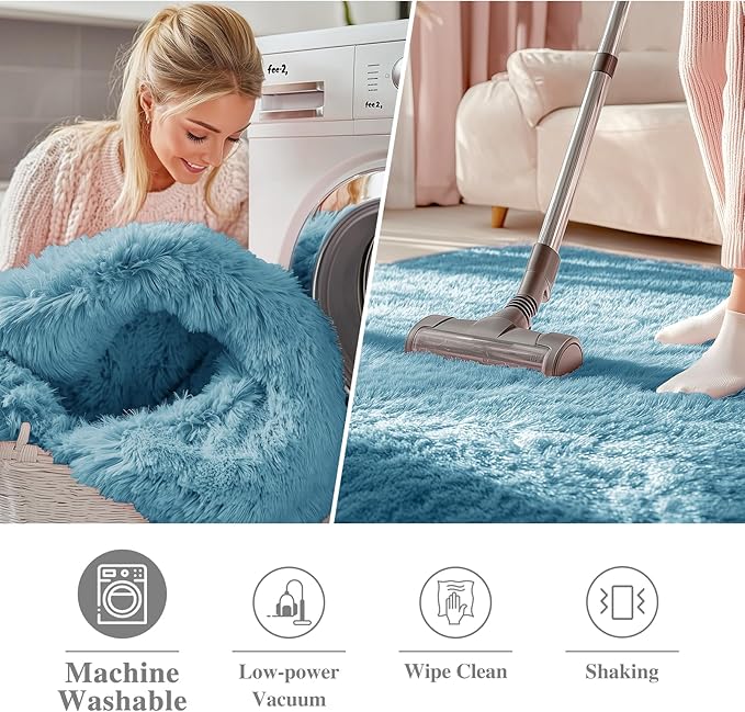 OLANLY Slate Blue Round Rugs for Bedroom - Machine Washable, 9 ft Circle Area Rugs for Living Room, Soft and Fluffy Shaggy Carpet for Teen Girl and Boys, Nursery Rooms, Dorms, Home Decor Aesthetic
