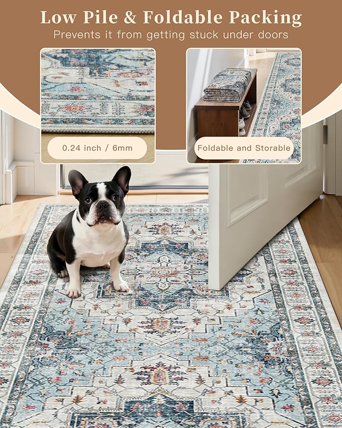 Madane 3x12 Hallway Runner Rug - Non Slip Washable 12ft Runner for Hallways Soft Vintage Kitchen Rugs Low-Pile Carpet Runner for Entryway Bathroom Thin Floor Mat for Bedroom Dining Room, Blue