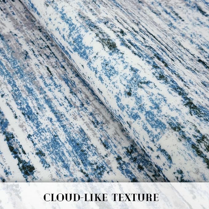 Lansny Modern Abstract Bedroom Runner Rug 2x7, Grey Blue White Washable Kitchen Runner, Non-Slip Soft Thin Faux Wool Mat for Entryway, Hallway, Laundry Room, Indoor Home Decor