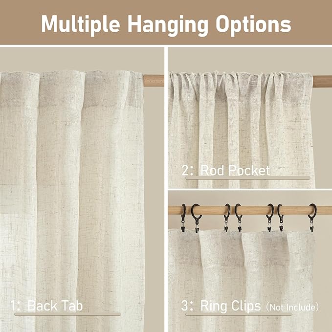 LAMIT Natural Semi Sheer Linen Curtains, Cream Ivory Light Filtering Panels Back Tab and Rod Pocket Neutral Drapes for Bedroom/Living Room, Natural, 2 Panels, 34 x 60 Inch