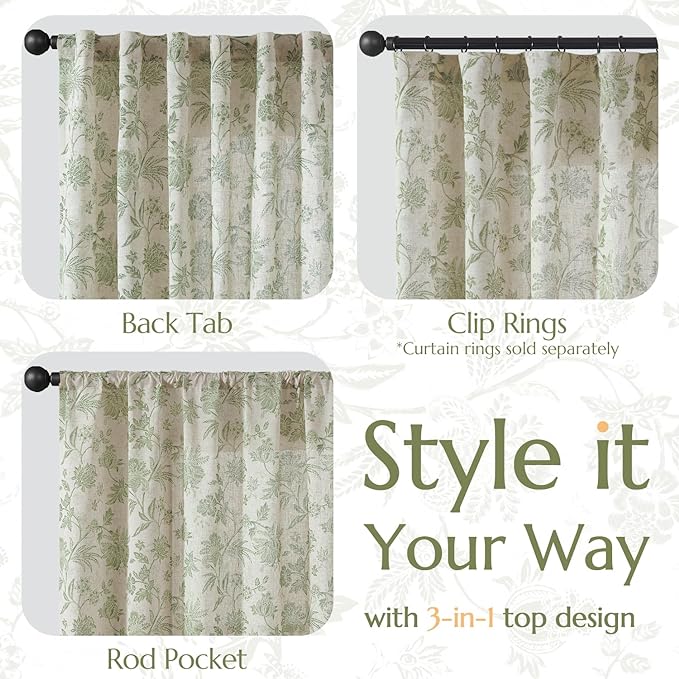 jinchan Linen Floral Curtains for Living Room with Printed Flower 63 Inches Long Light Filtering French Country Back Tab Rod Pocket Sage Green Window Curtain Set Farmhouse Drapes 2 Panels