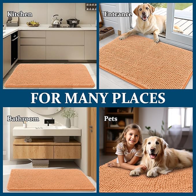 OLANLY Dog Door Mat for Muddy Paws 47x24, Absorbs Moisture and Dirt, Absorbent Non-Slip Washable Doormat, Quick Dry Chenille Mud Mat for Dogs, Entry Indoor Entryway Carpet for Inside Floor, Orange