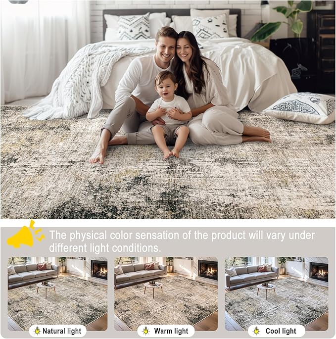 8x10 Area Rugs for Living Room - Washable Rug Modern Abstract Soft Large Neutral Non-Slip Carpet Indoor Floor Thin Carpets for Bedroom Dining Room Farmhouse Nursery Home Office Brown Black Grey