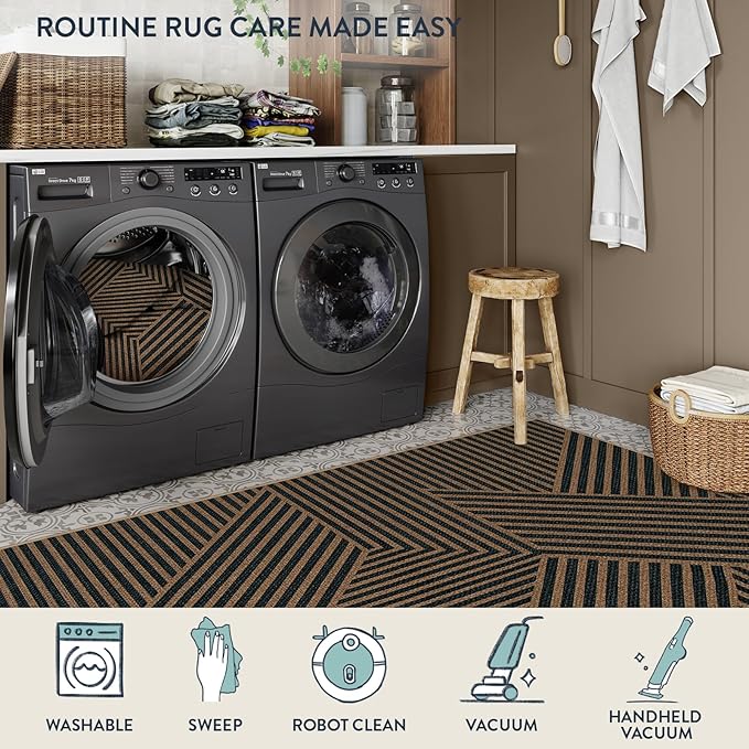 Lahome Enfys Modern Geometric Outdoor Easy Jute Rug, 5x7 Patio Living Room Rug Large Black Carpet for Bedroom, Farmhouse Washable Indoor Outdoor Carpet for Dining Room Backyard Deck