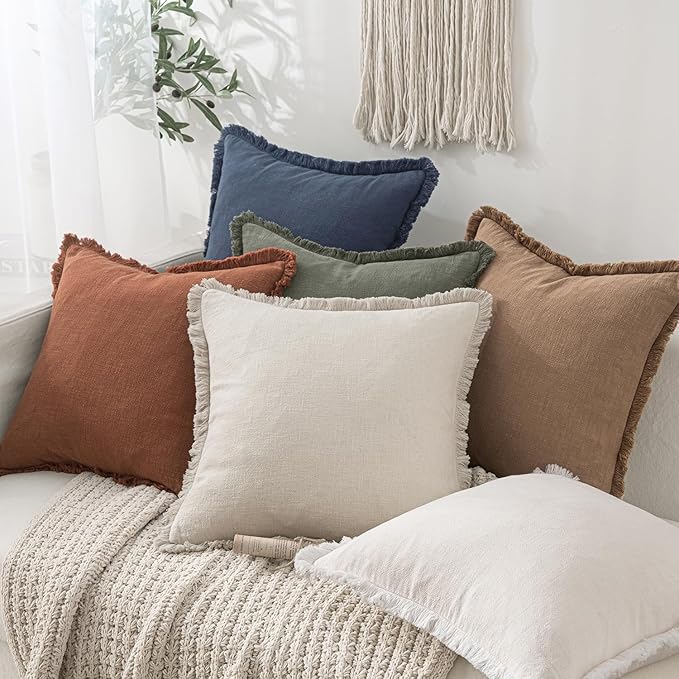 MIULEE Decorative Throw Pillow Covers Neutral Linen Fringe Throw Pillows Set of 2 Brick Boho Farmhouse Cushion Covers with Tassels for Couch Sofa Bed Living Room Spring Home Decor 20x20 Inch