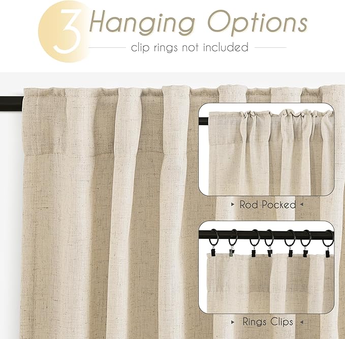 Faux Linen Beige Curtains 102 inches Long for Living Room Rustic Farmhouse Linen Drapes Semi Sheer Burlap Textured Canvas Cloth Curtain Panels Set of 2 Kahki Tan Colored