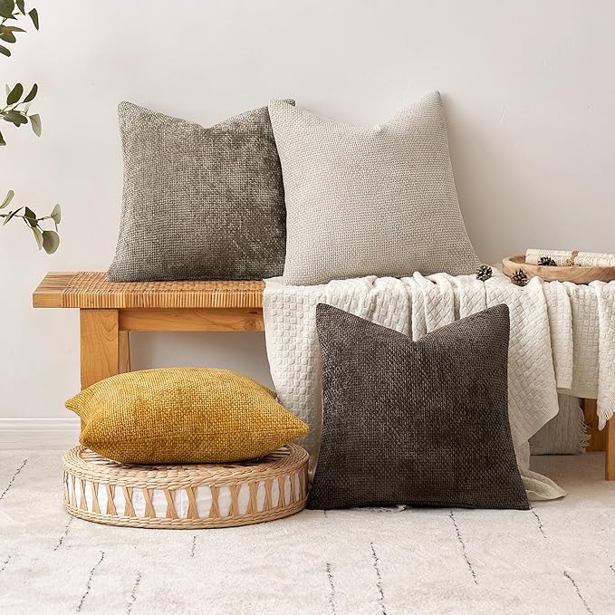 MIULEE Pack of 2 Couch Throw Pillow Covers 20x20 Inch Neutral Dark Brown Boho Accent Decorative Pillow Covers Soft Chenille Farmhouse Cushion Covers for Home Decor Bed Sofa Living Room