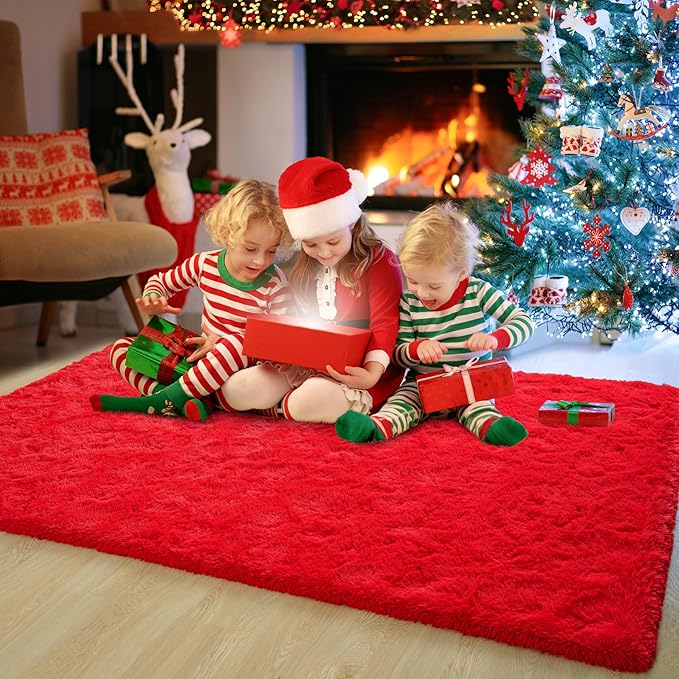 Chicrug Soft Area Rugs for Bedroom Living Room Plush Fluffy Rug 4x6 Feet, Shag Furry Area Rug Carpet Non Shedding for Nursery Children Kids Girls Room Home Decorative, Red