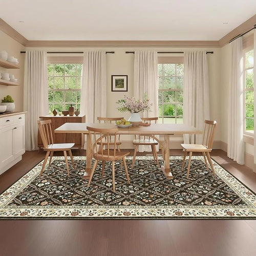 6x9 Machine Washable Area Rugs for Living Room Floral Stain Resistant Soft Carpet Vintage Low Pile Non Slip Non-Shedding Floor Carpet Rugs for Bedroom Nursery Brown