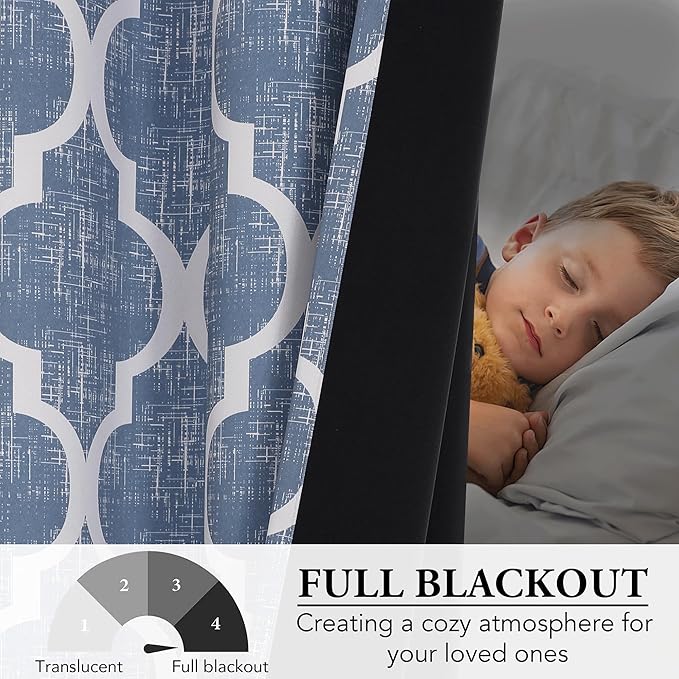 Beauoop 100% Blackout Curtains 45 Inches Long 2 Panels for Bedroom Living Room Blue Moroccan Geo Room Darkening Thermal Insulated Soundproof Grommet Top Window Treatments Drapes, 50x45 Set of 2