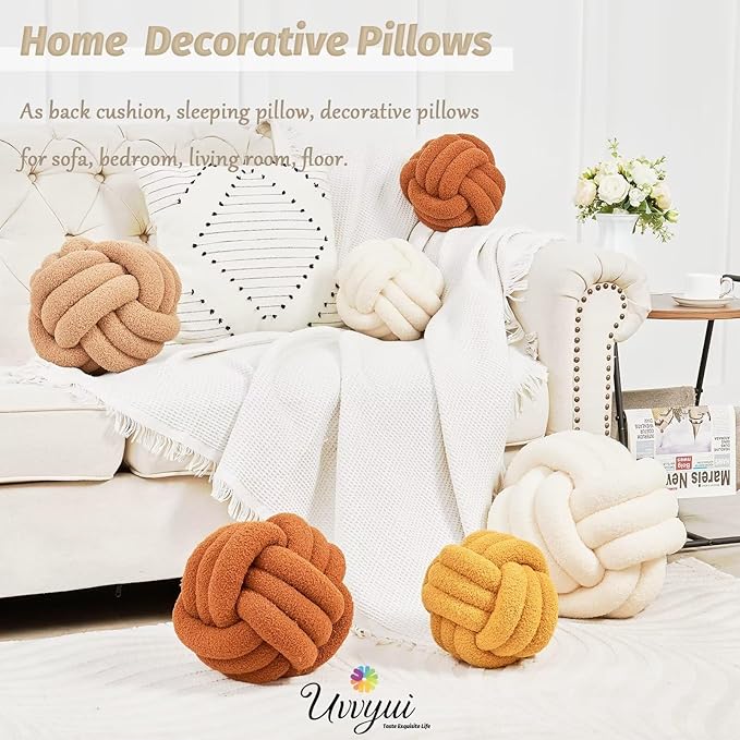 Uvvyui Knot Pillow Ball, Soft Home Decorative Round Throw Pillow, Handmade Knotted Plush Pillow, Round Boucle Pillow Cushion (8.6 Inches Dusty Purple)