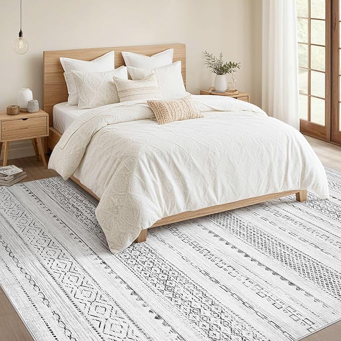 Nakagishi Area Rug Living Room Rugs: 5x7 Machine Washable Boho Large Neutral Farmhouse Stain Resistant Moroccan Indoor Floor Carpet for Bedroom Nursery Dorm Classroom Playroom Dining Room House- Grey
