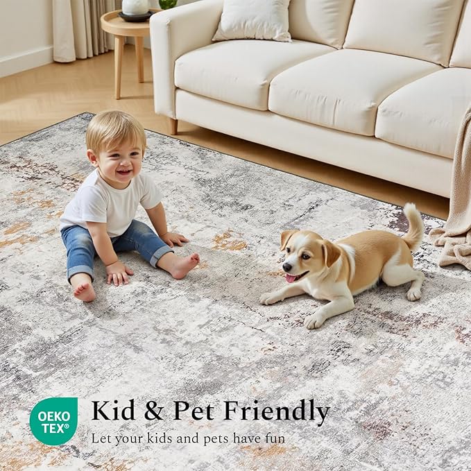 Rugflix 10x14 Area Rugs for Living Room, Washable Large Rug Stain-Resistant Low Pile, Modern Neutral Carpet for Dining Room Home Office Kid Room Nursery Bedroom, Grey Brown