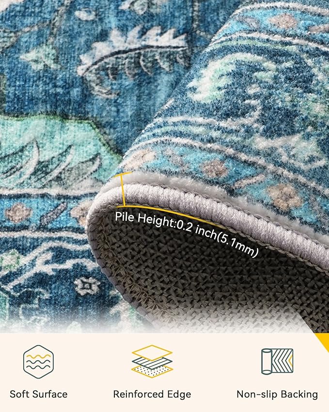 RELEANY Area Rugs Square 6ft Washable Non-Slip, Floral Vintage Distress Print Pattern Medallion Carpet for Living Room Bedroom Dining Room, Teal Green Lake Blue Turquoise