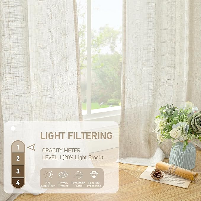 LAMIT Short Linen Curtains 36 Inch Length for Half Window, Cream Ivory Semi Sheer Light Filtering Panels Back Tab and Rod Pocket Drapes for Basement/Kitchen, 2 Panels, 25 x 36 Inch