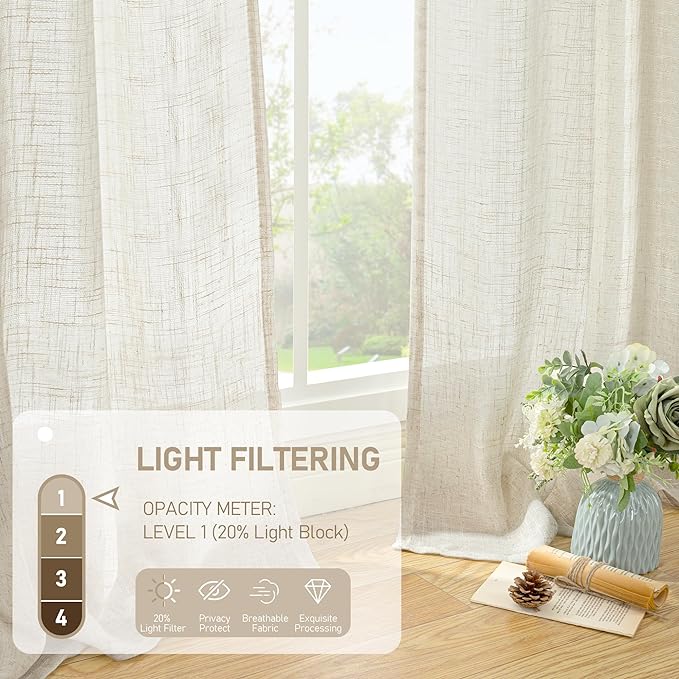 LAMIT Natural Linen Semi Sheer Window Curtains 54 Inch, Light Filtering Neutral Bedroom Curtains Farmhouse Boho Back Tab and Rod Pocket Panels, Cream Ivory, 2 Panels, 52 x 54 Inch