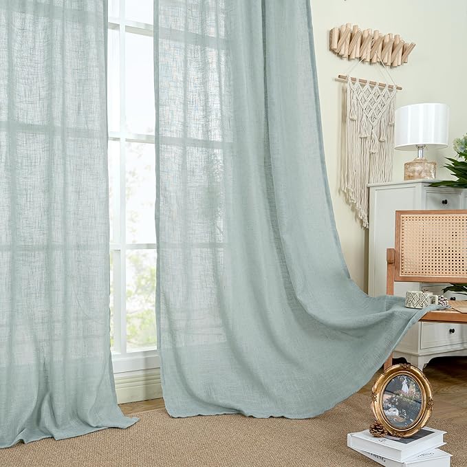 LAMIT Sheer Linen Curtains 63 inches Long for Bedroom, Back Tab and Rod Pocket Linen Drapes Light Filtering Semi Sheer Curtains for Small Window/Farmhouse, 2 Panels (38 x 63 Inch, Greyish Blue)