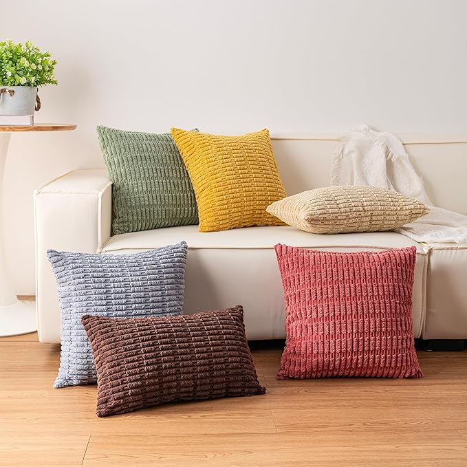 Pack of 2 Corduroy Decorative Throw Pillow Covers 18x18 InchSoft Boho Striped Pillow Covers Modern Farmhouse Home Decor for Sofa Living Room Couch Bed（Dark Brown）