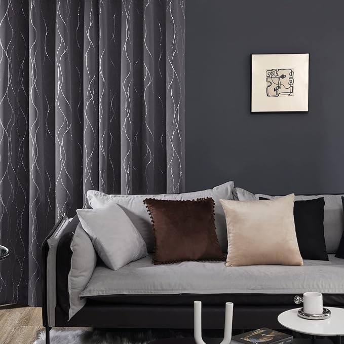 Deconovo Gray Curtains for Living Room, Blackout Drapes, Protect Pravicy Thermal Insulated Soundproof Window Drape, Wave Dots Foil Print, 38 x 90 Inch, Set of 2 Panels for Bedroom Apartment Nursery