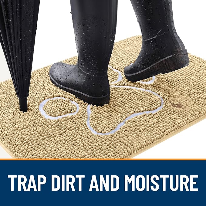 OLANLY Dog Door Mat for Muddy Paws 47x20, Paw Print Design, Absorbs Moisture and Dirt, Absorbent Non-Slip Washable Doormat, Quick Dry Chenille Mud Mat for Dogs, Entry Indoor Entryway Carpet, Beige