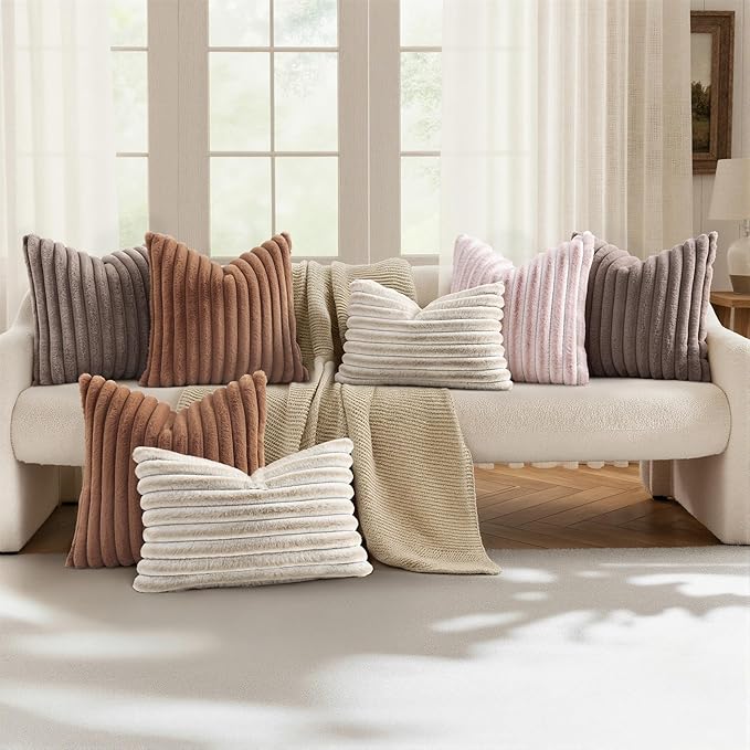 decorUhome Cozy Faux Fur Throw Pillow Covers 24x24 Set of 2 Decorative Soft Plush Striped Modern Farmhouse Boho Couch Euro Sham Pillow Cases with Velvet Back for Sofa Bed Living Room, Brown