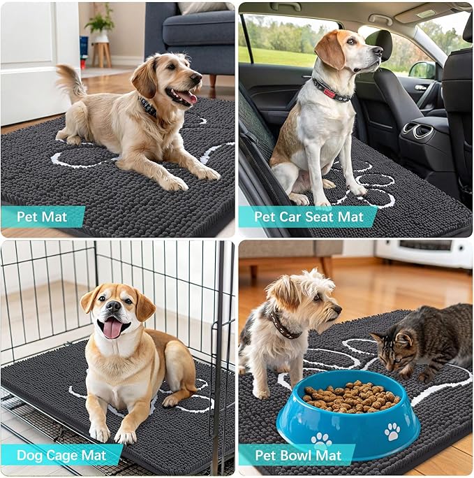 OLANLY Dog Door Mat for Muddy Paws 47x20, Paw Print Design, Absorbs Moisture and Dirt, Absorbent Non-Slip Washable Doormat, Quick Dry Chenille Mud Mat for Dogs, Entry Indoor Entryway Carpet, Dark Grey