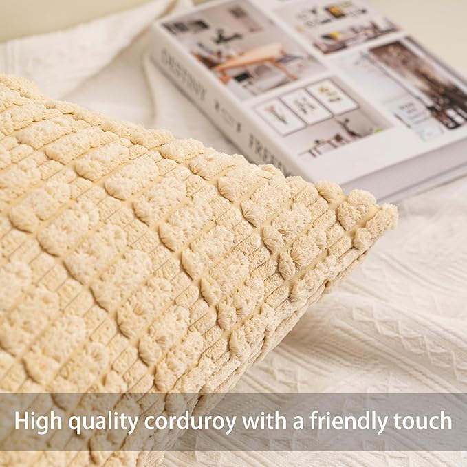 Pack of 2 Corduroy Decorative Throw Pillow Covers 12x24 Inch Soft Striped Pillow Covers Modern Farmhouse Home Decor for Sofa Living Room Couch Bed（Beige）