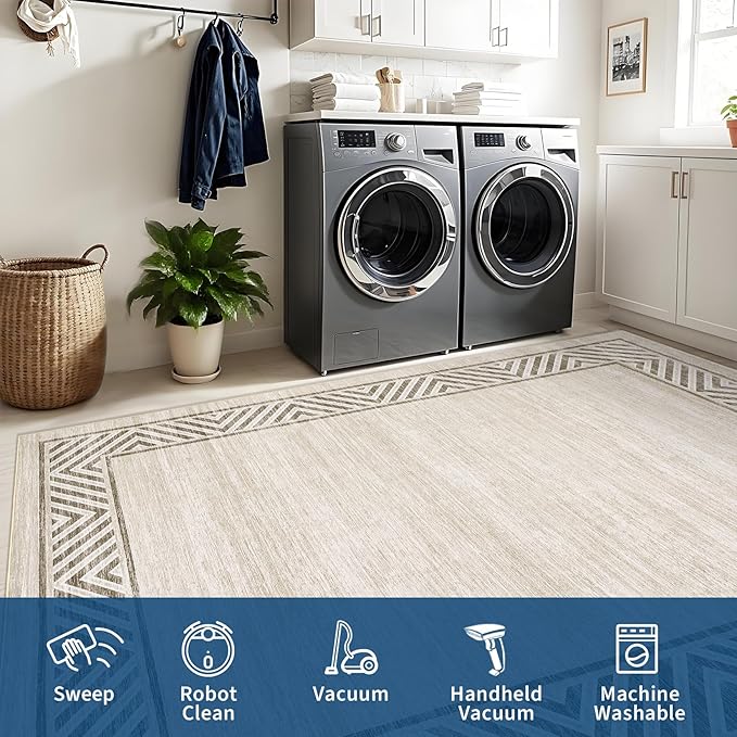 GarveeHome Large Modern Rug 9x12 Non-Slip Geometric Bordered Dining Room Rug, Machine Washable Low Pile Indoor Carpet, Non-Shedding Floor Mats, Easy to Clean, for Living Room, Bedroom, Beige