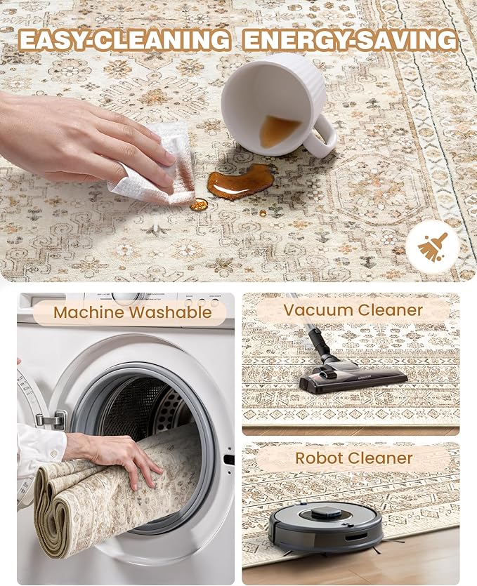 3x5 Washable Area Rug for Entryway, Kitchen Rugs Non Slip for Dining Room, Vintage Floral Soft Living Room Rug, Thin Area Rug Indoor for Bedroom, Kids Room Decor(Cream/Beige,3'x5')