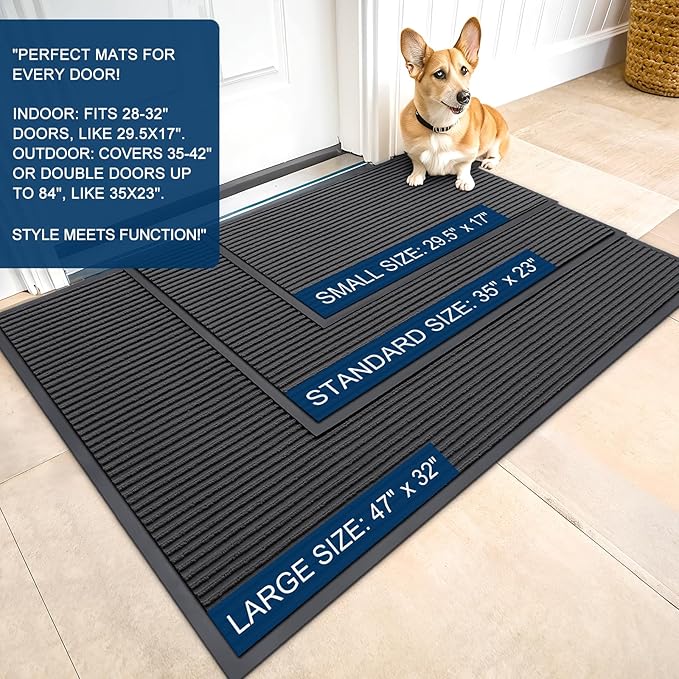 OLANLY Front Door Mat Indoor Outdoor Entrance, 2-Pack 47 x 23 Inch, Waterproof Heavy Duty Doormat, Fade Resistant, Low Profile, Easy Clean Patio Porch Welcome Floor Mats for Entry, Charcoal Grey