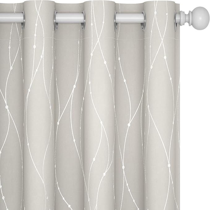 Deconovo Beige Curtains for Living Room, Thermal Insulated Soundproof Drapes with Wave Dot Silver Print, 52 x 63 Inch Long, Farmhouse Panel, Set of 2 Window Panels for Classroom Bedroom Office Nursery