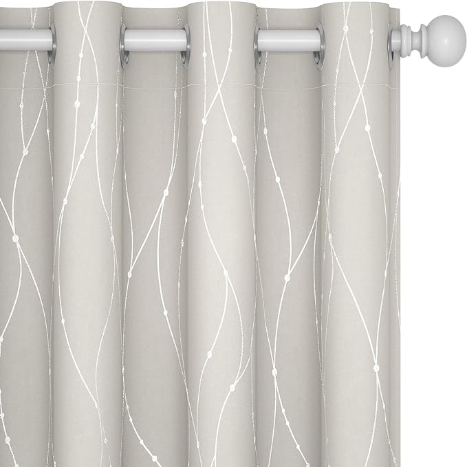 Deconovo Beige Blackout Curtains, Room Darkening Curtain, Thermal Insulated Soundproof Drapes, Silver Wave Dots Print, 52 x 54 Inch, Machine Washable Window Panels for Kitchen Nursery Office, Set of 2