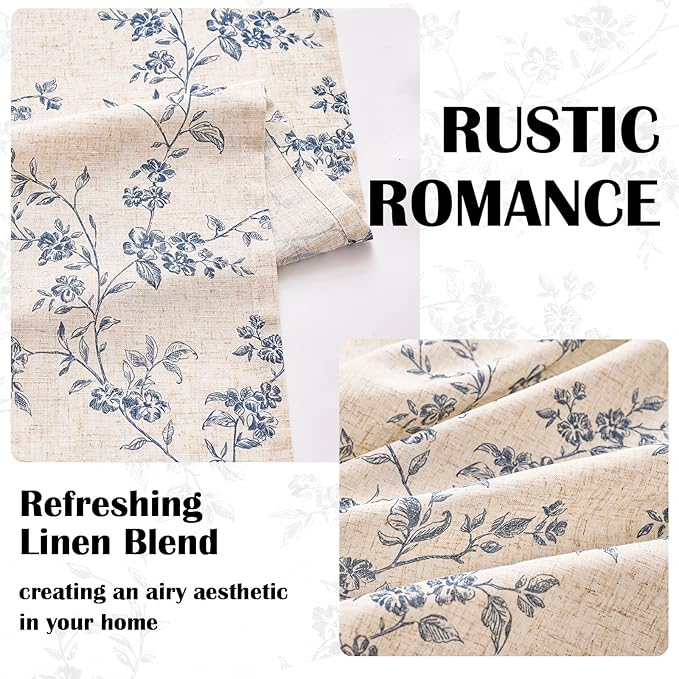 Lazzzy Blue Floral Linen Curtains 96 Inch Farmhouse Back Tab Drapes for Living Room Bedroom Light Filtering Vintage Grandmillennial Rod Pocket Curtains, 2 Panels, W38 x L96, Blue on Beige
