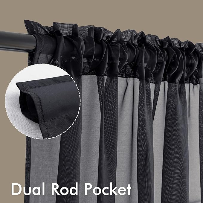 MIULEE Black Sheer Curtains 108 Inches Long, 4 Panels Set, Light Filtering Halloween Rod Pocket Voile Drapes for Living Room and Bedroom, Airy Soft Fabric Window Treatments, 42 x 108 Inches