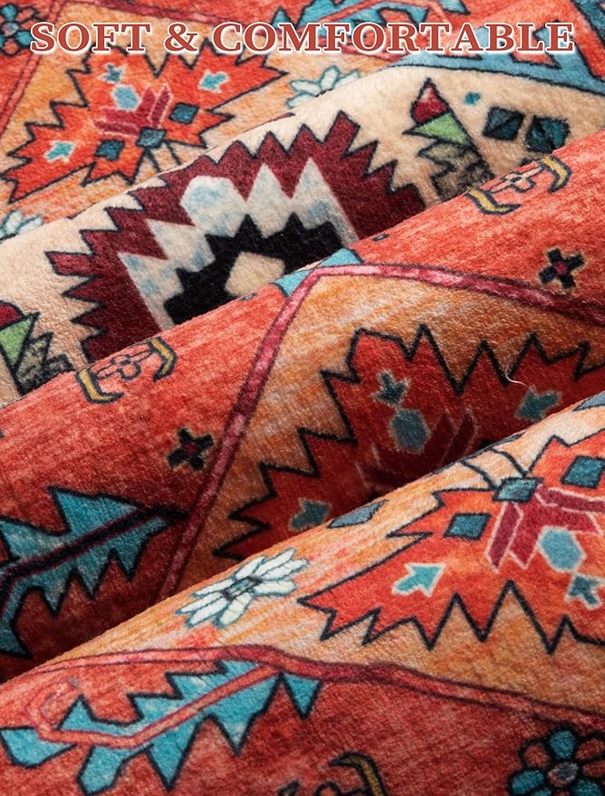 SERISSA Runner Rug for Hallways, 2'6"x16' Washable Non Slip Kitchen Runner Rug, Extra Long Boho Rug Ultra Soft Vintage Orange Print Floor Carpet for Bedroom Hallway Entryway Bathroom Laundry Room
