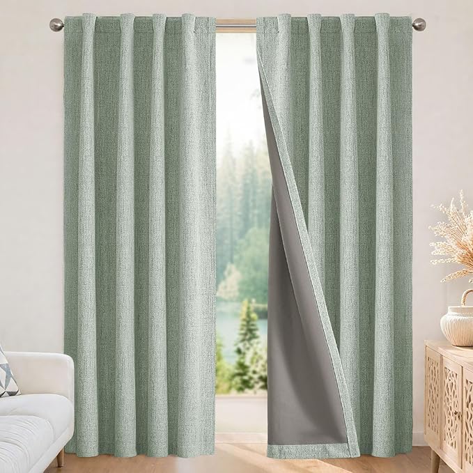 Joydeco Linen Blackout Curtains for Bedroom - 100% Light Blocking 1 Panels, Sage Green Drapes 100" W x 96" L, Thermal Insulated Room Darkening Curtains for Living Room, Rod Pocket & Back Tabs