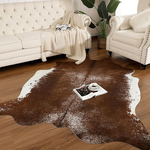 AROGAN Western Decor Faux Fur Cowhide Rug, Middle Size Premium Animal Skin Cow Hide Rug, Sturdy Cow Print Rugs for Wall Decor, Western Floor Carpet for Bedroom Living Room, Brown
