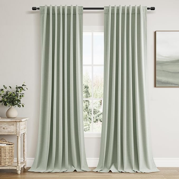 Guken Mist Sage 100% Blackout Linen Curtains 90 Inch Length 2 Panels Set for Living Room Bedroom Back Tab/Rod Pocket Thermal Insulated Black Out Drapes Room Darkening Window Curtains 90 Inches Long