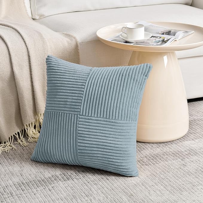 Fancy Homi Set of 2 Light Blue Euro Decorative Throw Pillow Covers 26x26 Inch for Bedroom Couch Bed, Farmhouse Boho Home Decor, Soft Cross Corduroy Patchwork Textured Square Cushion Case 66x66 cm