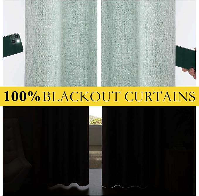 NICETOWN 100% Absolutely Blackout Linen Curtains with Thermal Insulated White Liner, Seafoam Green, 42 inches Wide, 63 inches Length Energy Saving Curtains for Kitchen 2 Panels Set, Vertical Blinds