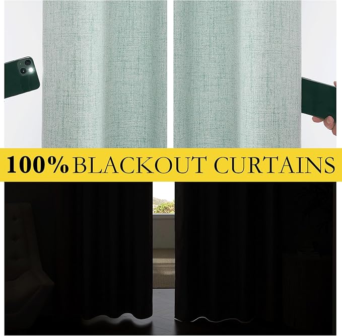 NICETOWN 100% Absolutely Blackout Linen Curtains with Thermal Insulated Liner, Seafoam Green, 62" Wide, 120" Length Energy Saving Curtains for Living Room 2 Panels Set, Vertical Blinds