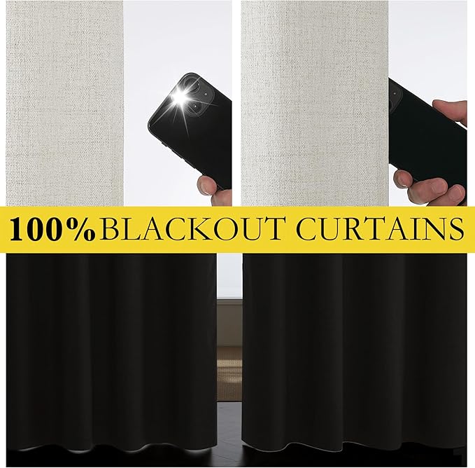 NICETOWN Snowbound Vintage Linen 100% Blackout Curtains for Living Room, Thermal Insulated Curtains 84“ Long, Noise Reducing Window Treatment Drapes for Hall Room, 52" Wide Per Panel, Set of 2