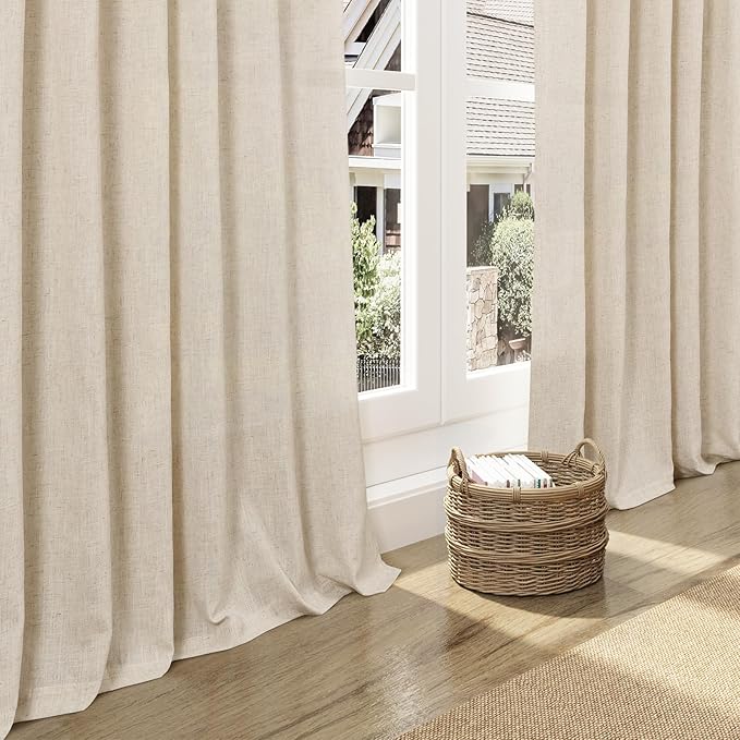 Cream Beige Linen Curtains 132 Inch Length for Living Room Light Filtering Semi Sheer Curtain Back Tab Modern Farmhouse Decor Elegant Drapes Floor to Ceiling High Window for Bedroom 52x132, 2 Panels