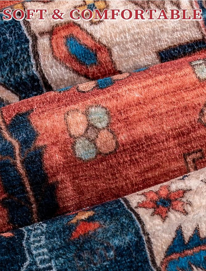 SERISSA Boho Washable Runner Rug, 2x5 Non-Slip Vintage Rust Hallway Kitchen Runner Rug Ultra Soft Print Distressed Tribal Floor Carpet for Bedroom Bathroom Laundry Living Room