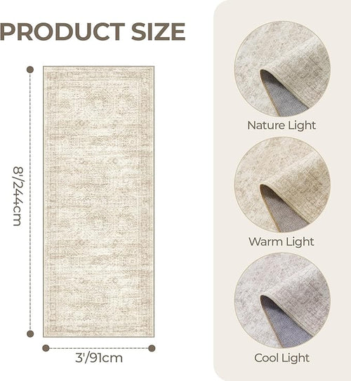 3x8 Runner Rug Non Slip Washable for Entryway, Vintage Hallway Runner for Front Porch, Laundry Room, Bedroom, Abstract Stain Resistant Thin Indoor Kitchen Mats for Floor(3'x8', Beige/Ivory)