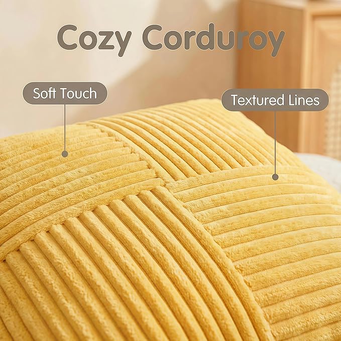 Fancy Homi 2 Packs Yellow Decorative Throw Pillow Covers 18x18 Inch for Living Room Couch Bed, Rustic Farmhouse Boho Home Decor, Soft Corss Corduroy Patchwork Textured Square Cushion Case 45x45 cm