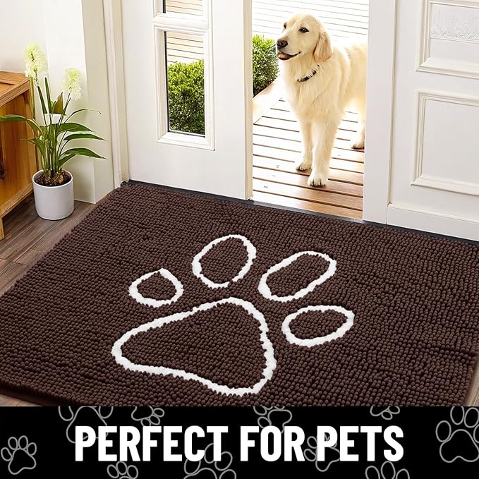 Smiry Dog Door Mat for Muddy Paws, Absorbent Dirt Trapper Non Slip Quick Dry Washable Chenille Mat for Mud Dogs, Entry Rug for Indoor and Outdoor (47x17 Inches, Brown and White)