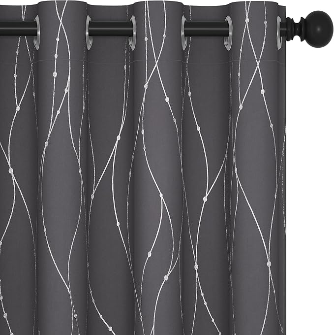 Deconovo Grey Blackout Curtains for Living Room, Thermal Insulated Soundproof Drapes, Wave Dots Foil Print, 52 x 95 Inches Long, 2 Panels, Machine‑Washable Window Panel for Bedroom Nursery Office